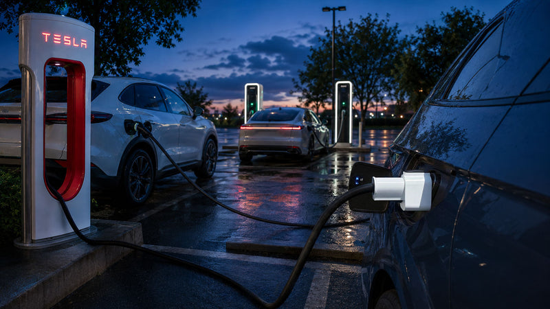 J1772 vs NACS EV charging setup with adapter in use at a Supercharger station