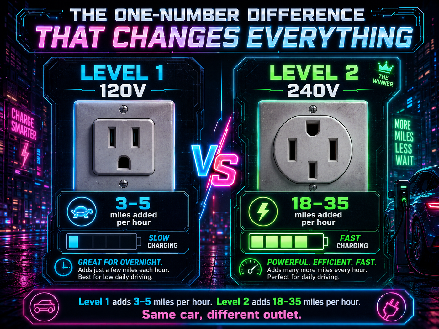 Level 1 vs Level 2 EV charging speed comparison — 3-5 mph vs 18-35 mph