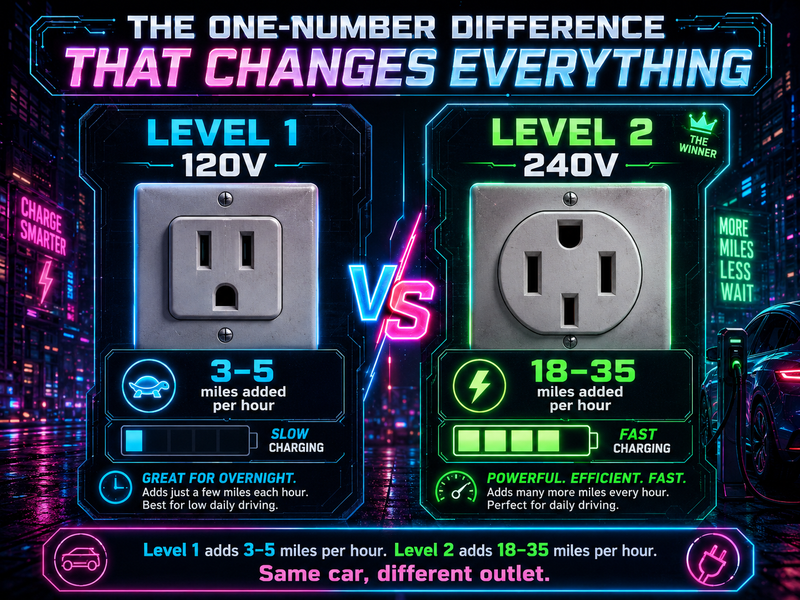 Level 1 vs Level 2 EV charging speed comparison — 3-5 mph vs 18-35 mph