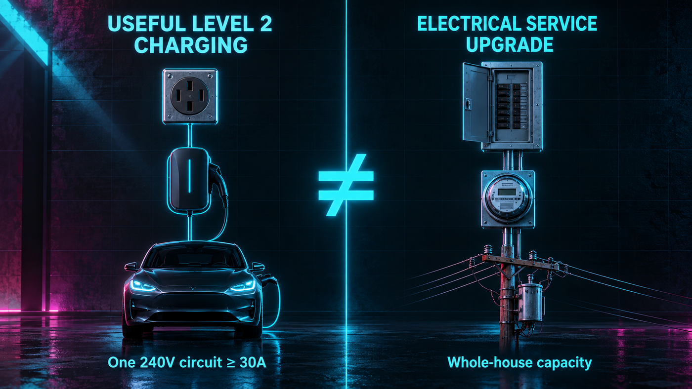 Split-frame diagram showing "Useful Level 2 charging" on one side and "Electrical service upgrade" on the other as separate decisions.