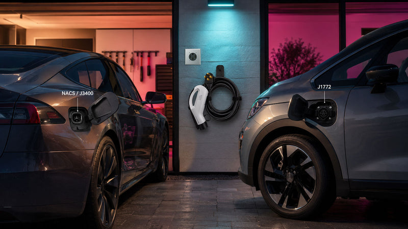 Two electric vehicles in a home garage, one with a J1772 charge port and one with a NACS charge port, illustrating a mixed-connector household