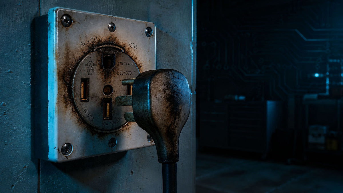 Melted NEMA 14-50 outlet with heavy EV charger showing thermal failure signs