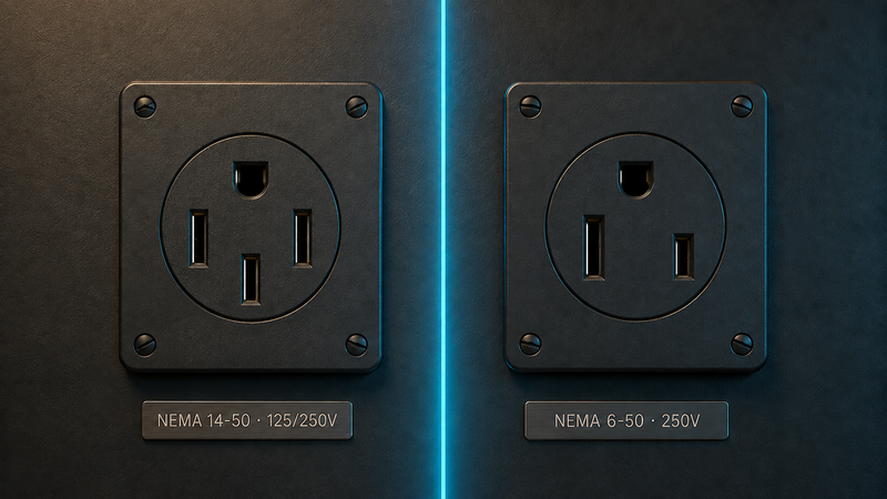 NEMA 14-50 (4-prong) and NEMA 6-50 (3-prong) receptacles side by side with labels showing which pins are hots, neutral, and ground on each.