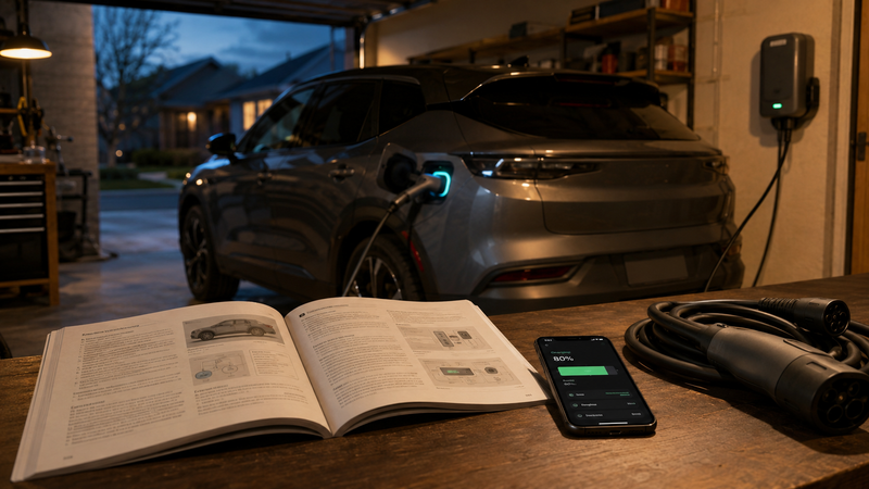 New EV owner reviewing their vehicle's owner's manual and app in front of a home charging setup, first-90-days orientation