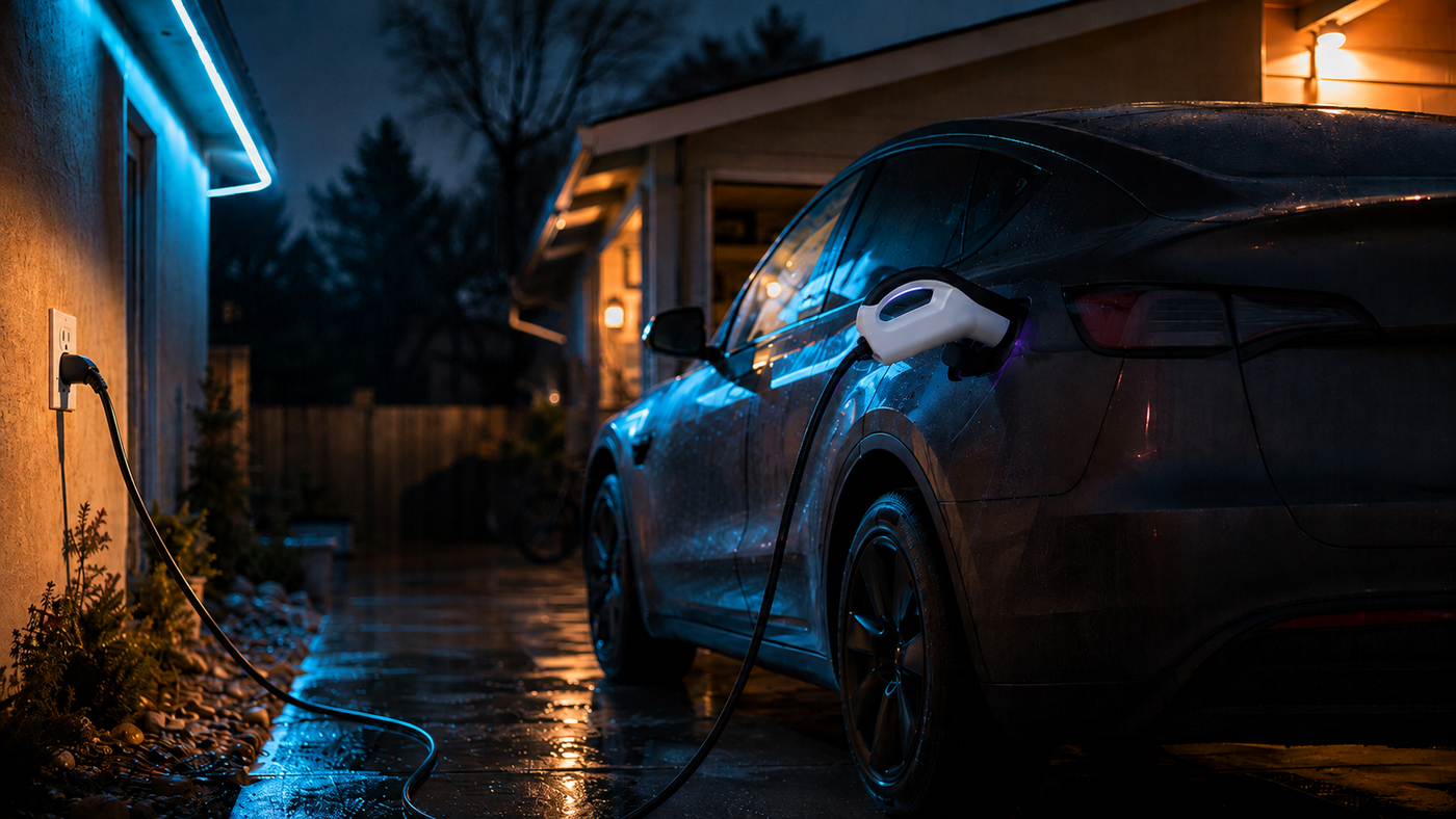 Modern electric car parked in a suburban home driveway at dusk with a portable Level 2 charger plugged in, illustrating everyday EV ownership in 2026