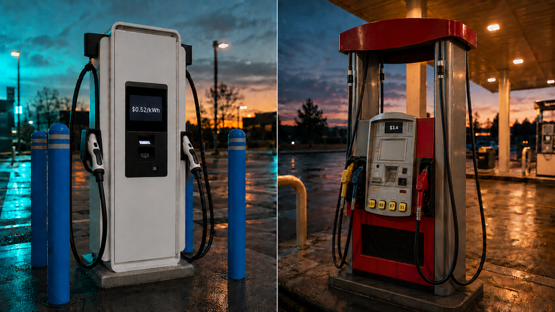Split-frame image of a public DC fast charging station on the left and a gas pump on the right, cost-comparison decision moment framing.