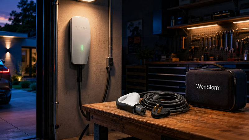 Wall-mounted Tesla Wall Connector next to a coiled WenStorm Level 2 Portable charger on a workbench in a home garage, primary plus backup pairing.