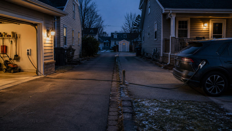 Two neighboring houses with an EV charging cable running from one house's garage outlet across a shared driveway to the neighbor's car