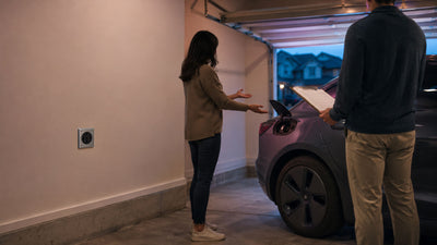 Residential rental garage with an unused wall outlet and an electric vehicle waiting to be plugged in, evening light