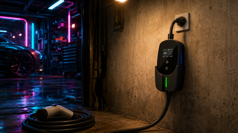 Portable EV charger with heavy electronics housing hanging off a NEMA 14-50 outlet, cable bowing