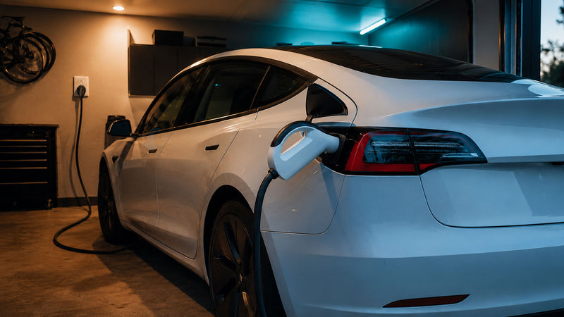 Tesla Model 3 parked in a home garage with a portable Level 2 EV charger connected via NACS inlet, showing the home charging setup scene