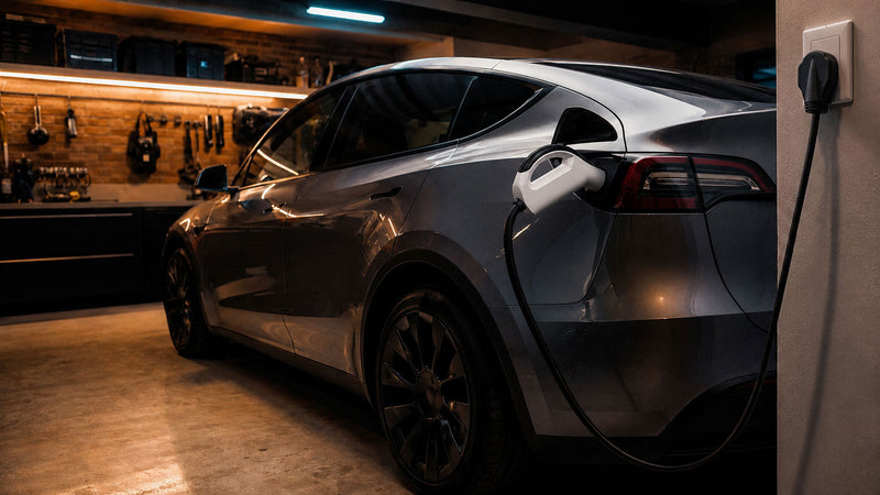 Tesla Model Y parked in a home garage with a portable Level 2 EV charger cable connected via NACS inlet, home charging setup scene