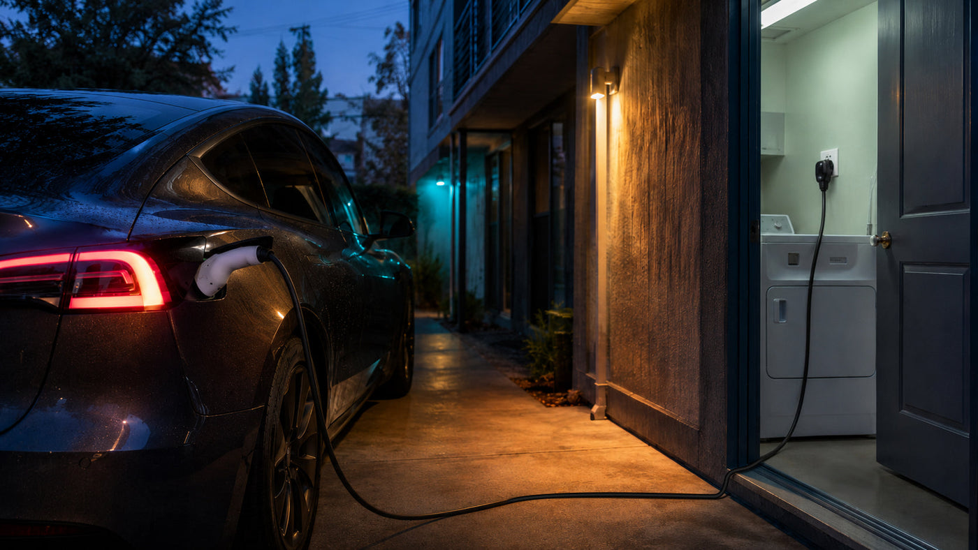 Tesla charging overnight from a NEMA 14-30 dryer outlet in an apartment building