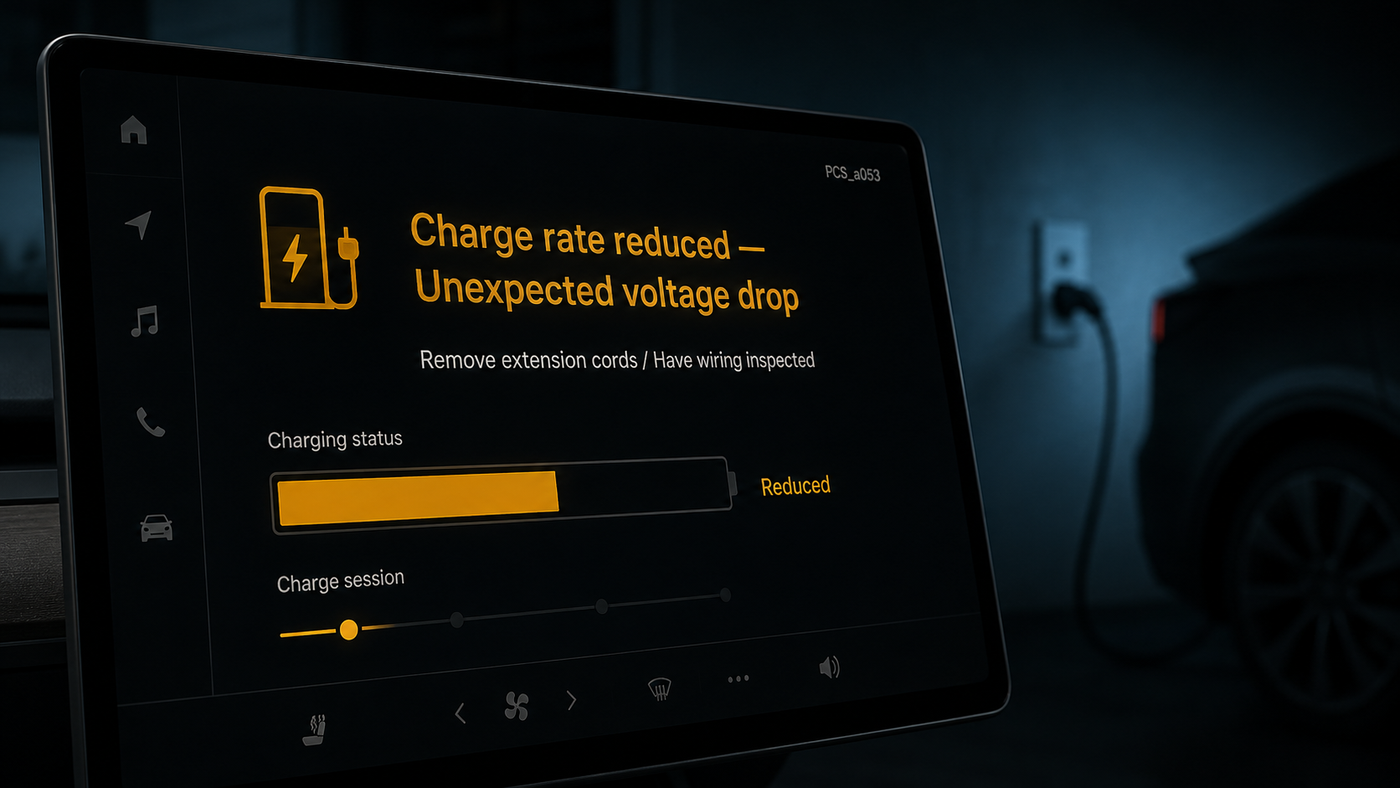 Tesla touchscreen showing 'Charge rate reduced — Unexpected voltage drop' amber alert with PCS_a053 diagnostic code and 'Remove extension cords' text.