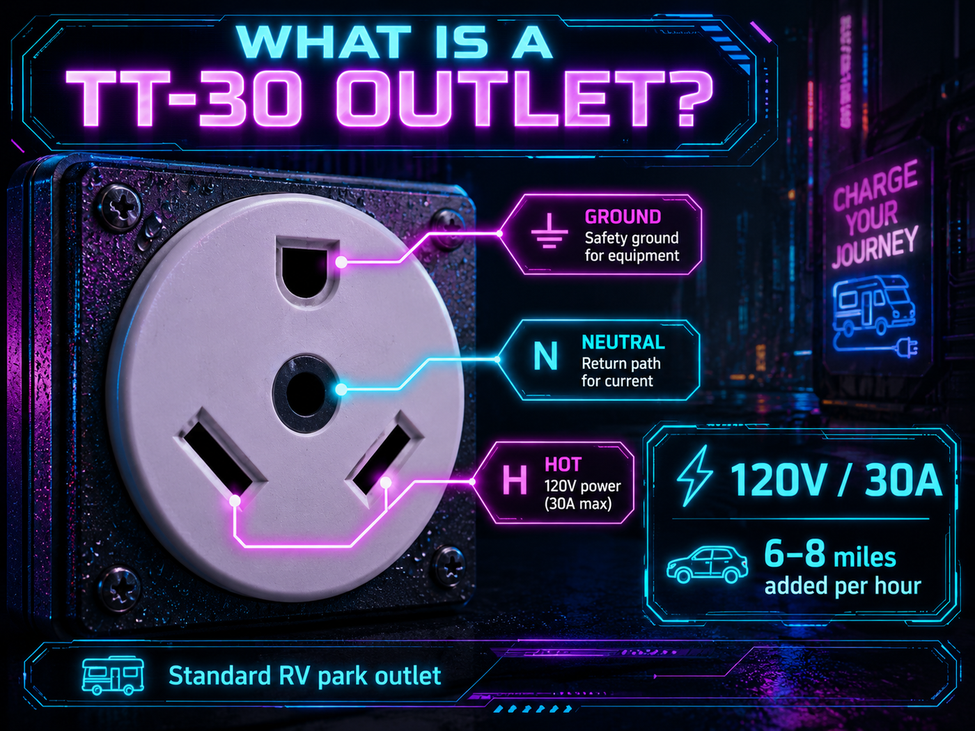 TT-30 RV outlet diagram — 3 prongs, 120V/30A, adds 6–8 miles per hour EV charging