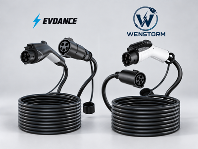 Side-by-side spec-card comparison of WenStorm and EVDANCE J1772 extension cables showing UL cert, AWG, weight, warranty, price and shared specs.