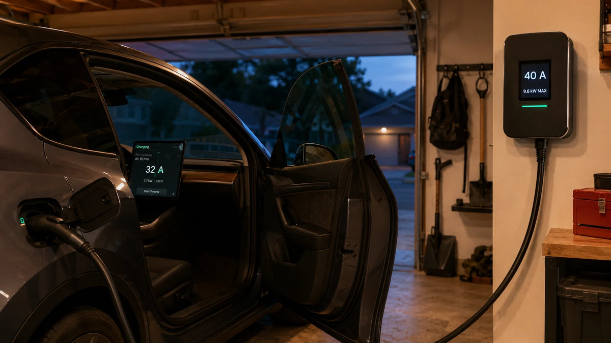 EV dashboard displaying a charging rate lower than the EVSE label rating, illustrating the actual-vs-advertised amperage gap