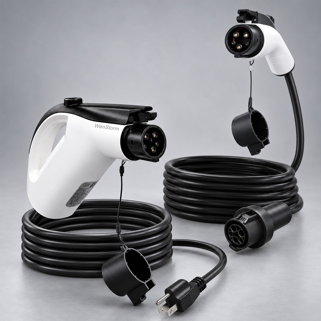WenStorm apartment EV charging kit with 25 ft Level 1 J1772 portable charger and 21 ft 50A J1772 extension cable for non-Tesla EVs and plug-in hybrids.