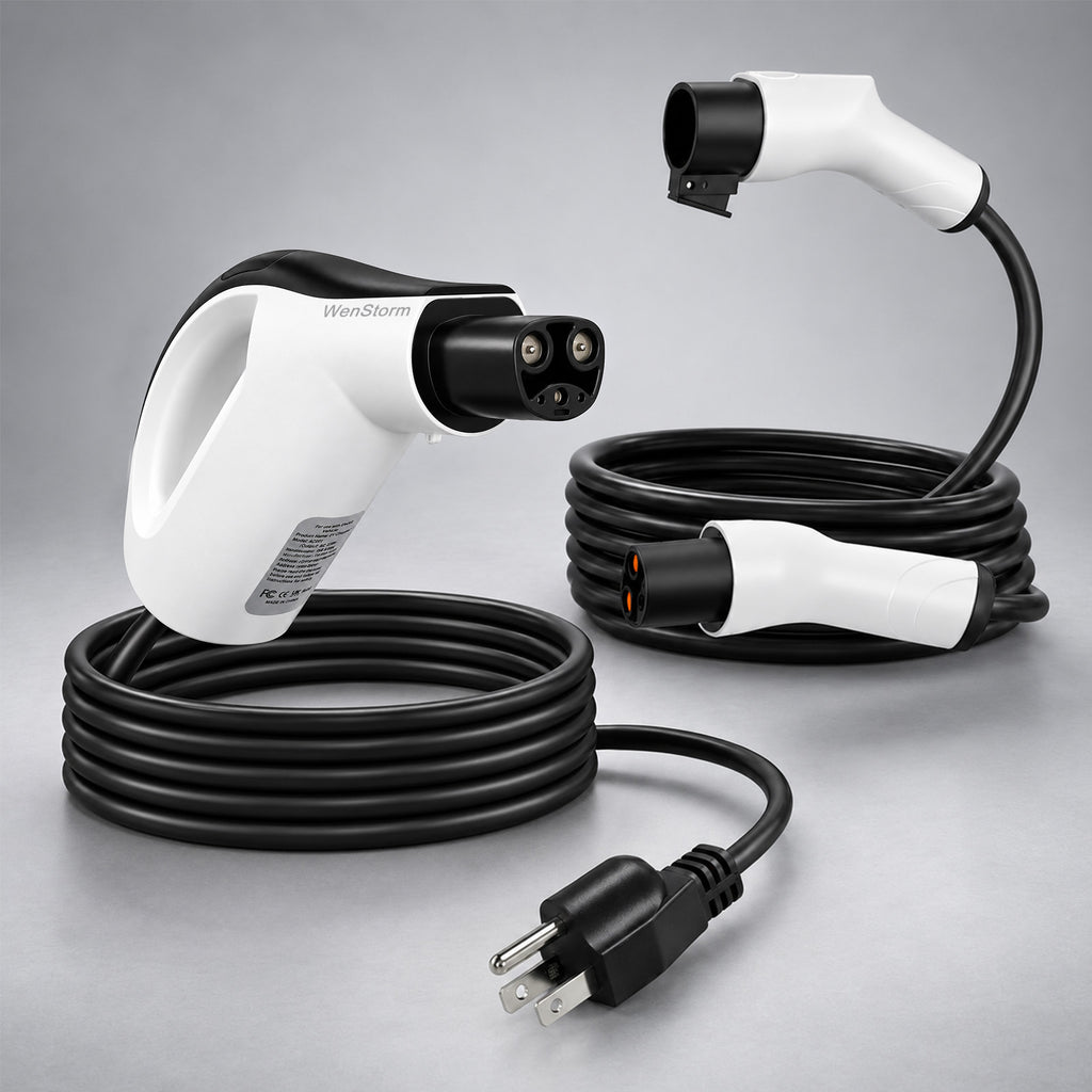 Tesla apartment EV charging kit with WenStorm 25 ft Level 1 charger and 21 ft NACS extension cable for reaching a 120V outlet.