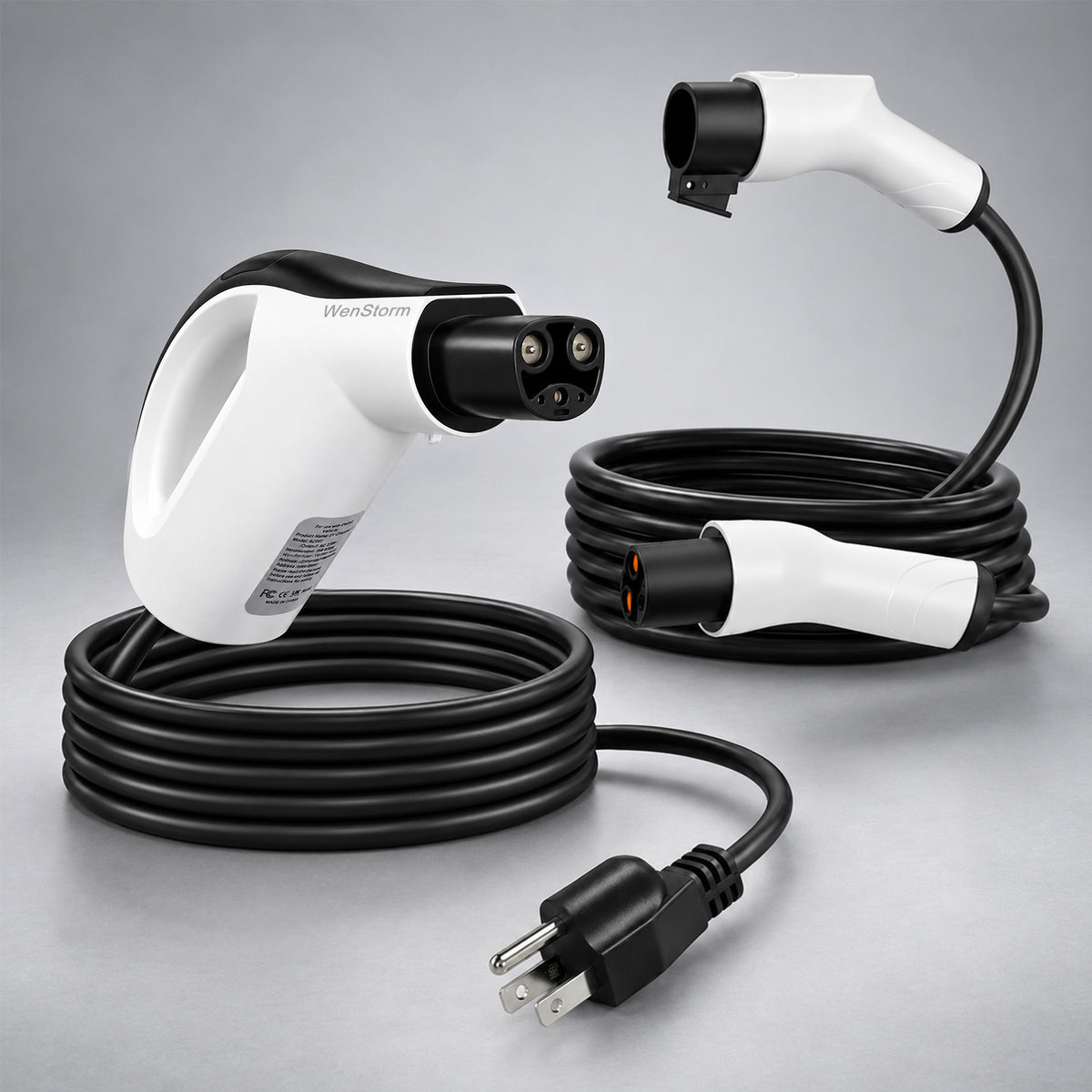 Tesla apartment EV charging kit with WenStorm 25 ft Level 1 charger and 21 ft NACS extension cable for reaching a 120V outlet.