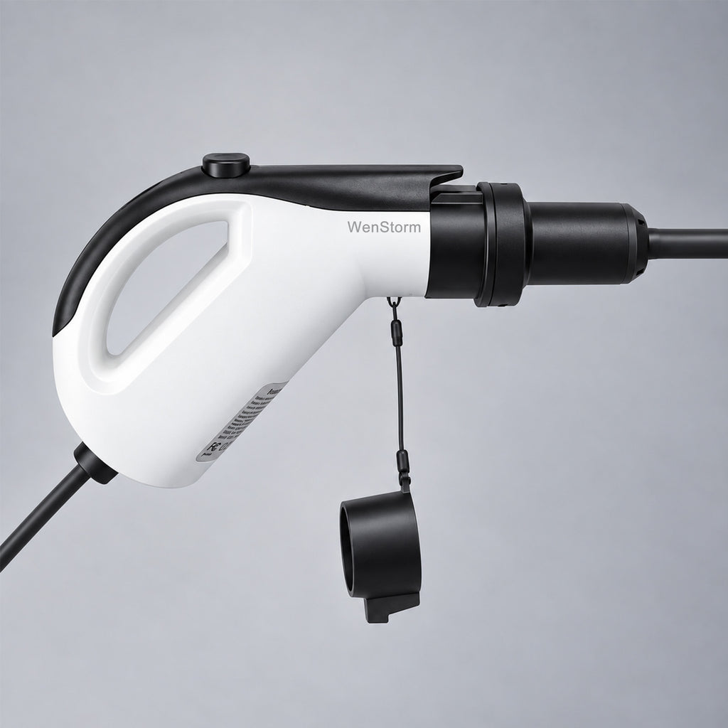 J1772 ev portable charger connects with an extension cord