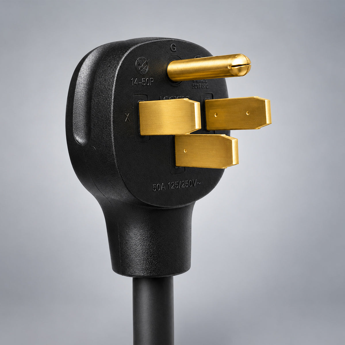 Close-up of a NEMA 14-50P plug with four brass prongs, rated 50A 125/250V, for compatible 240V Level 2 EV charging outlets.