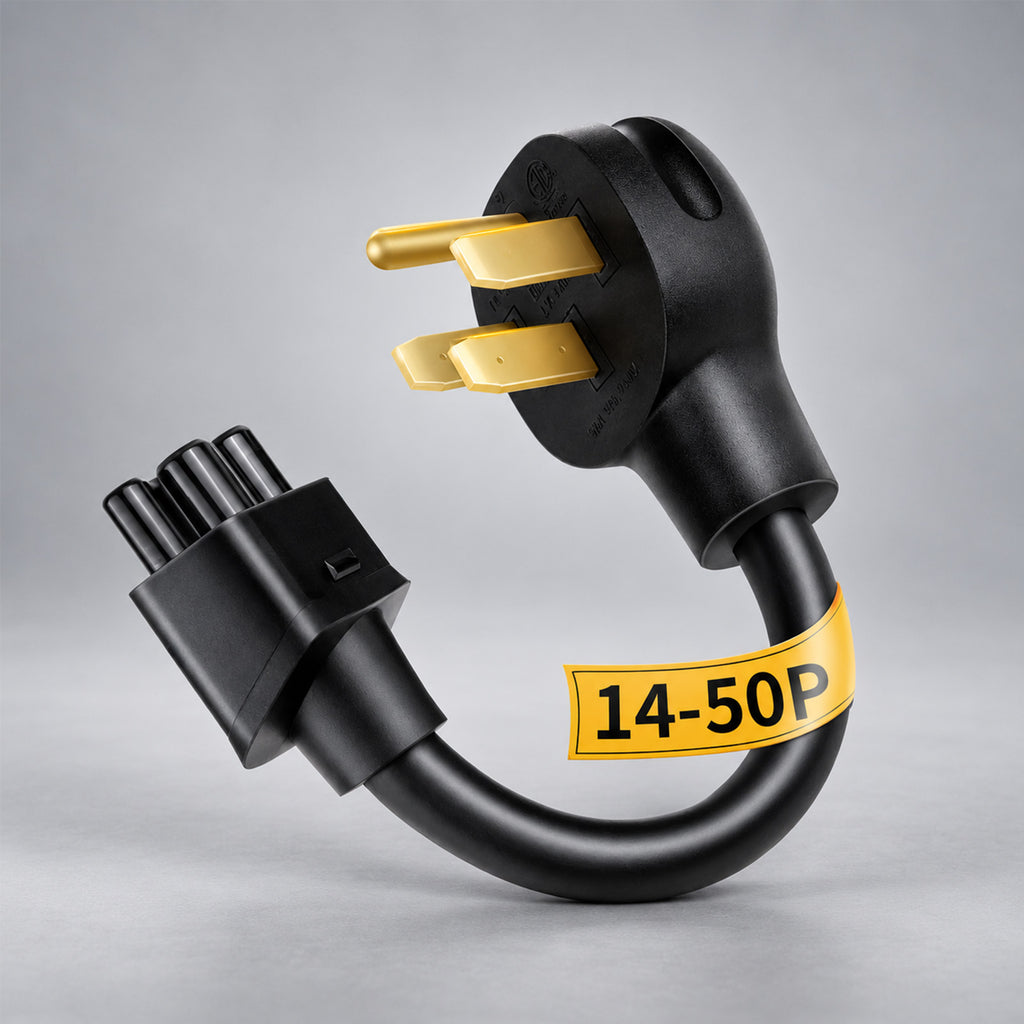 WenStorm NEMA 14-50 adapter for Tesla Gen 2 and Gen 3 Mobile Connector, featuring a 14-50P plug for Level 2 EV charging from compatible 240V outlets.