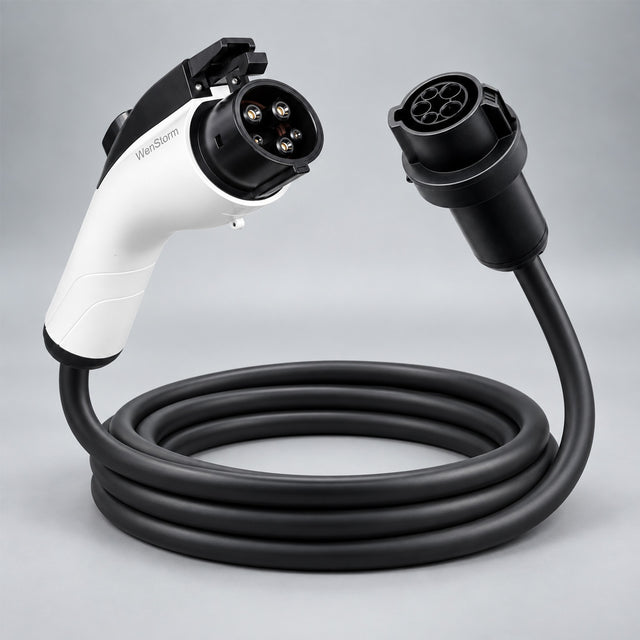 WenStorm J1772 EV extension cable connector heads with coiled black cable — round J1772 plug for Ford, Chevy, Hyundai, Kia, and other Level 2 EVs