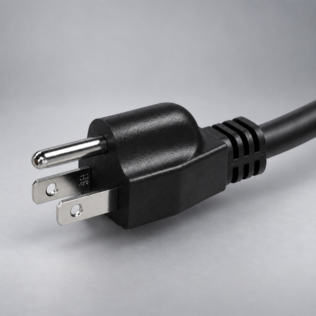 A close-up of WenStorm Level 1 electrical power plug with two flat metal prongs and a black cable