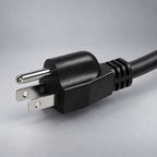 A close-up of WenStorm Level 1 electrical power plug with two flat metal prongs and a black cable