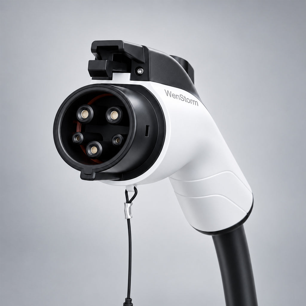 WenStorm J1772 EV extension cord car-side plug with five contact sockets, a white handle