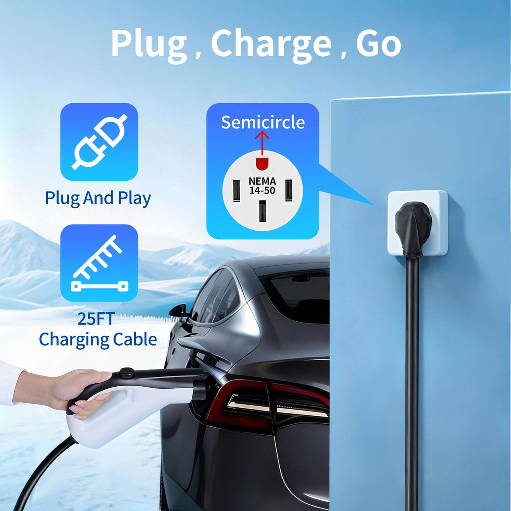 Electric vehicle charging station with 'Plug, Charge, Go' text and icons on a blue background.