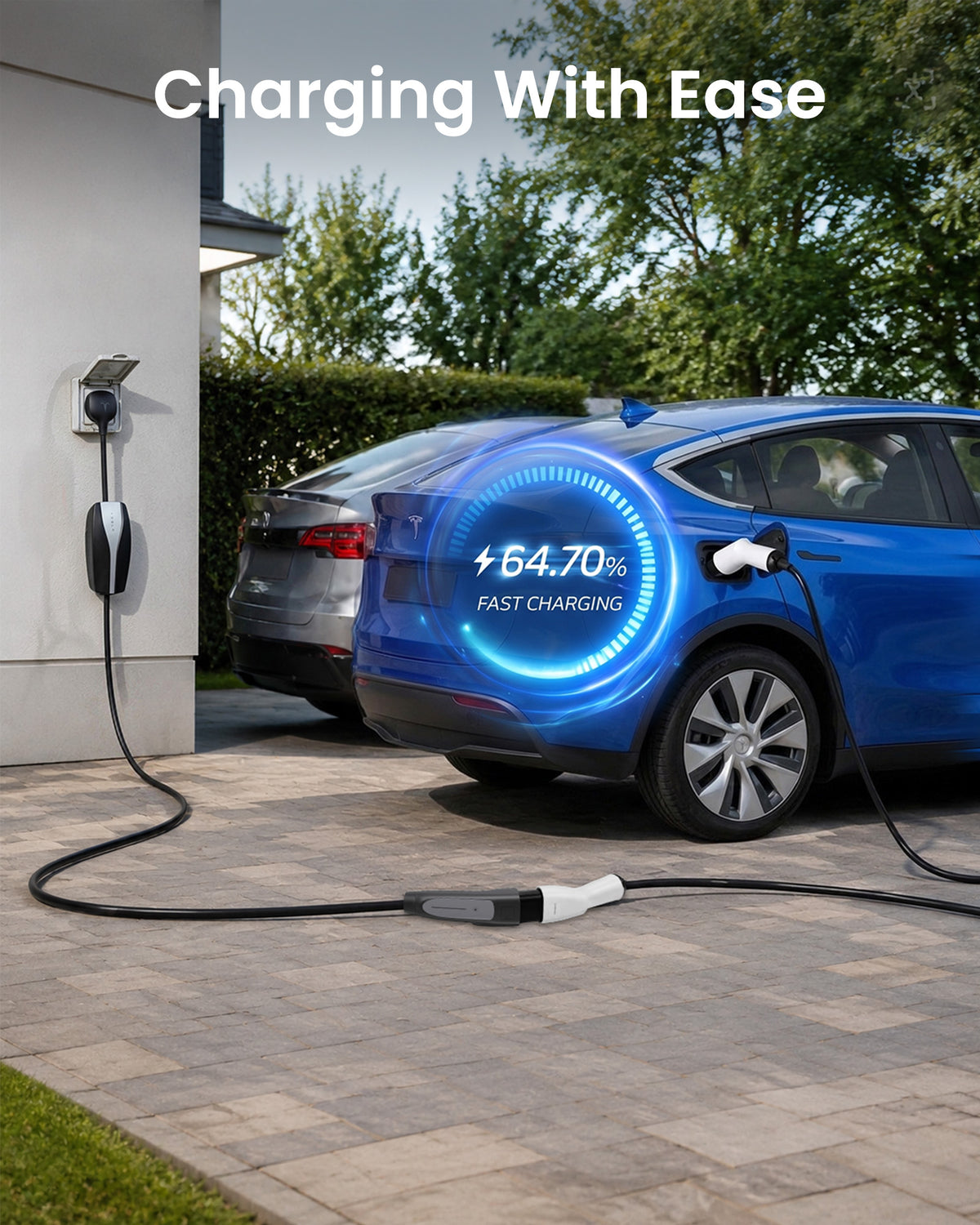 WenStorm NACS extension cable connecting a home charger to a Tesla, adding reach for easier EV charging in a driveway.