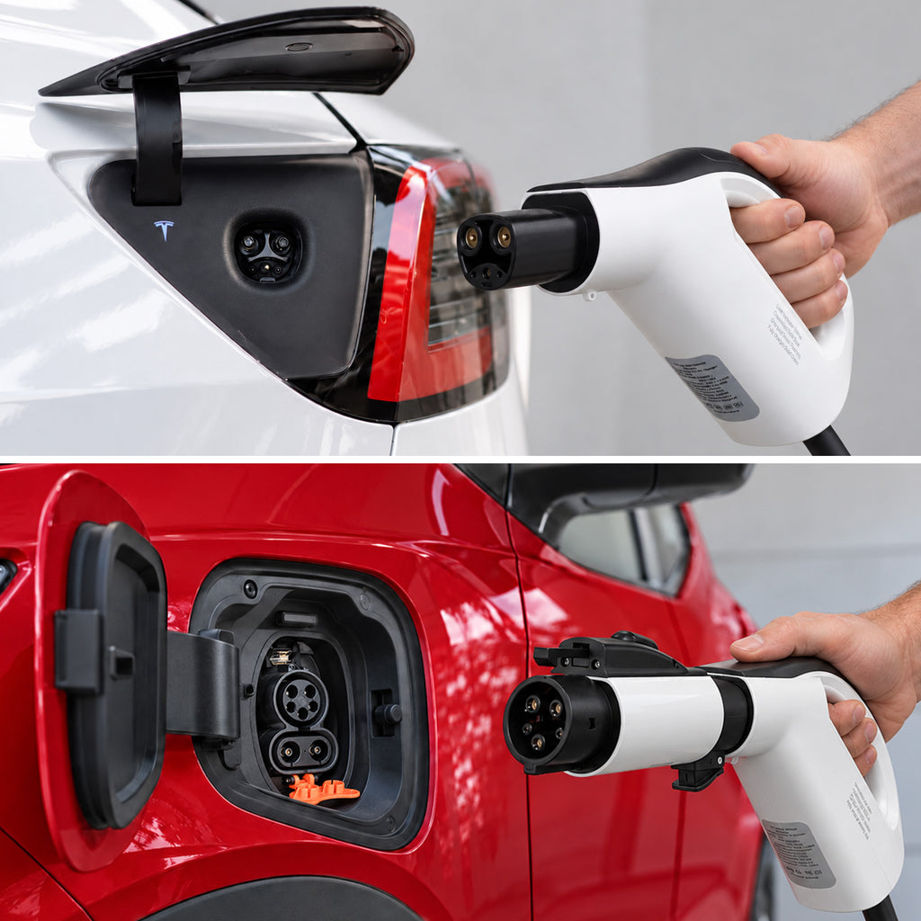 Comparison showing a WenStorm NACS portable EV charger connecting directly to a Tesla and, with a NACS-to-J1772 adapter attached, connecting to a J1772 electric vehicle.