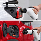 Comparison showing a WenStorm NACS portable EV charger connecting directly to a Tesla and, with a NACS-to-J1772 adapter attached, connecting to a J1772 electric vehicle.