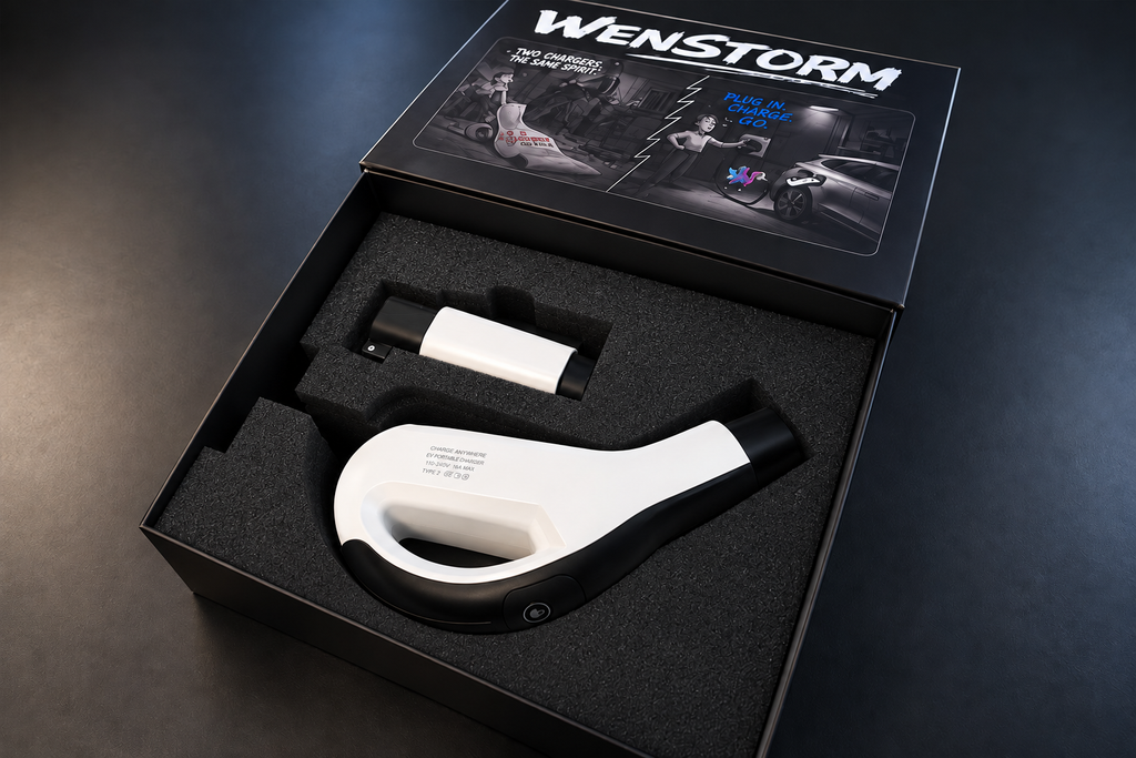 WenStorm special-edition EV charging bundle in custom black packaging, containing a NACS portable charger and NACS-to-J1772 adapter for charging both Tesla/NACS and J1772 electric vehicles.