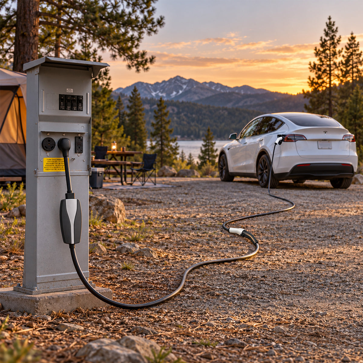 Tesla charging at an RV park using a WenStorm road trip bundle with a TT-30 adapter and NACS extension cable connected to a campground electrical pedestal.