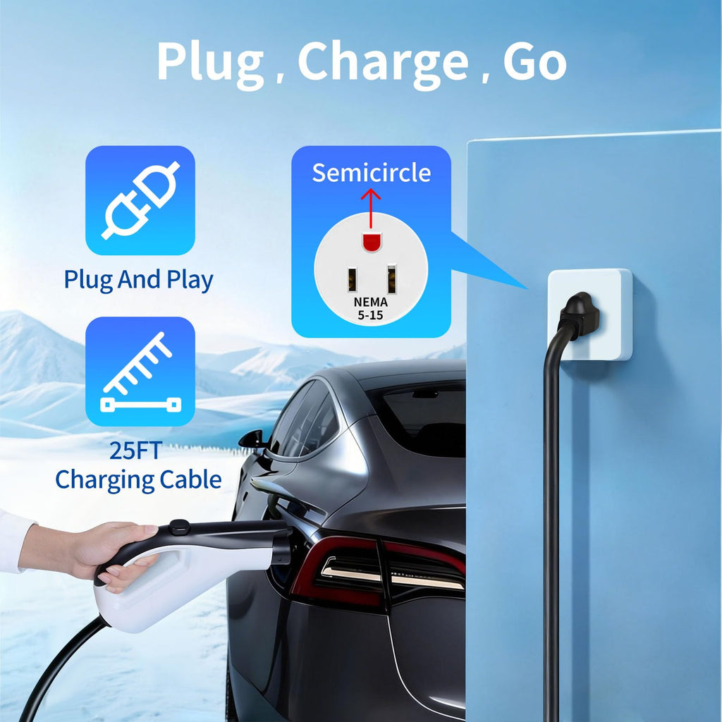 WenStorm 16A NEMA 5-15 portable EV charger plugged into a standard household outlet for Level 1 charging