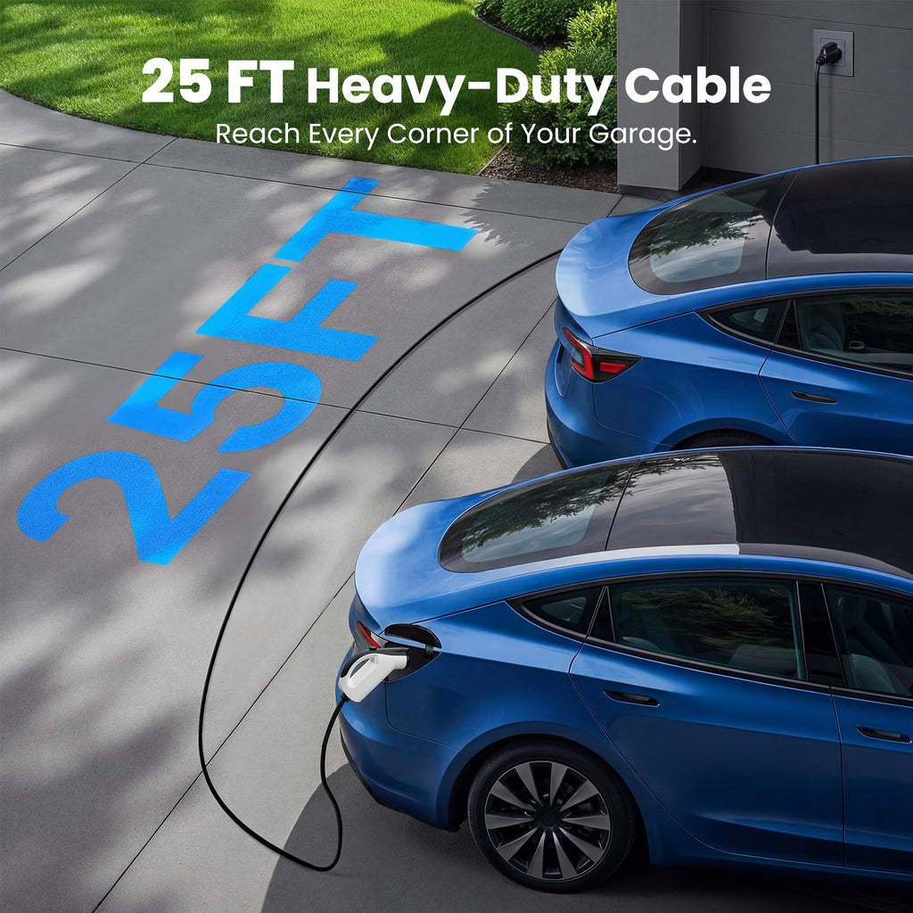 WenStorm 25 ft Level 1 portable EV charger cable reaching across a garage driveway for convenient household outlet charging