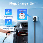 WenStorm 32A NEMA 14-50 portable EV charger plugged into a 240V outlet for plug and play Level 2 charging