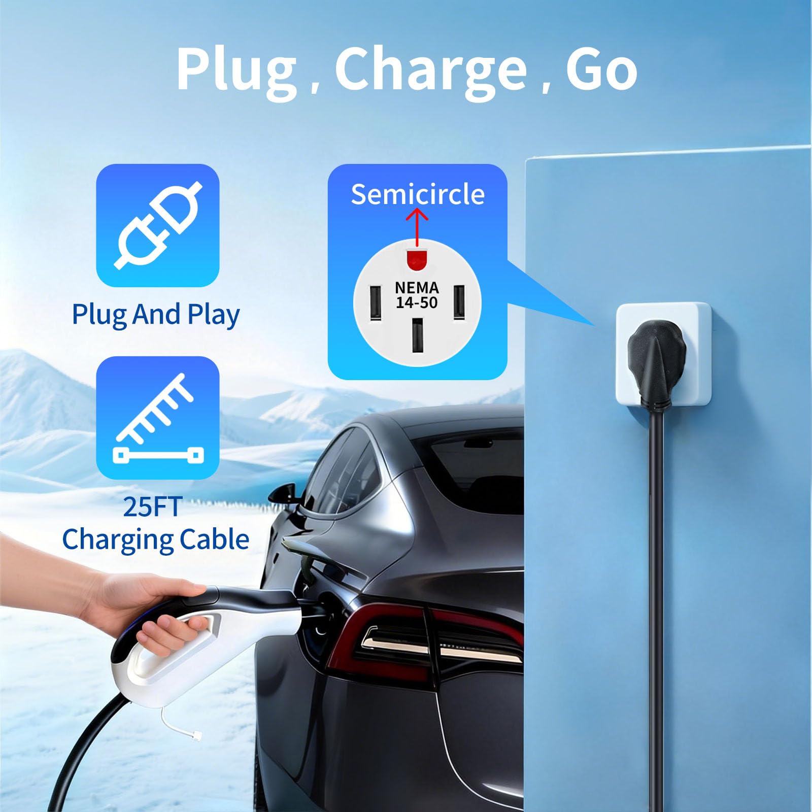 WenStorm 32A NEMA 14-50 portable EV charger plugged into a 240V outlet for plug and play Level 2 charging