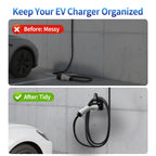 WenStorm EV charger holder wall mount showing before and after cable organization for a cleaner garage charging setup
