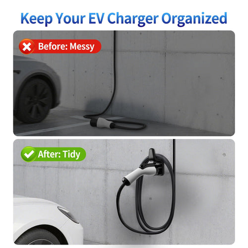 WenStorm EV charger holder wall mount showing before and after cable organization for a cleaner garage charging setup