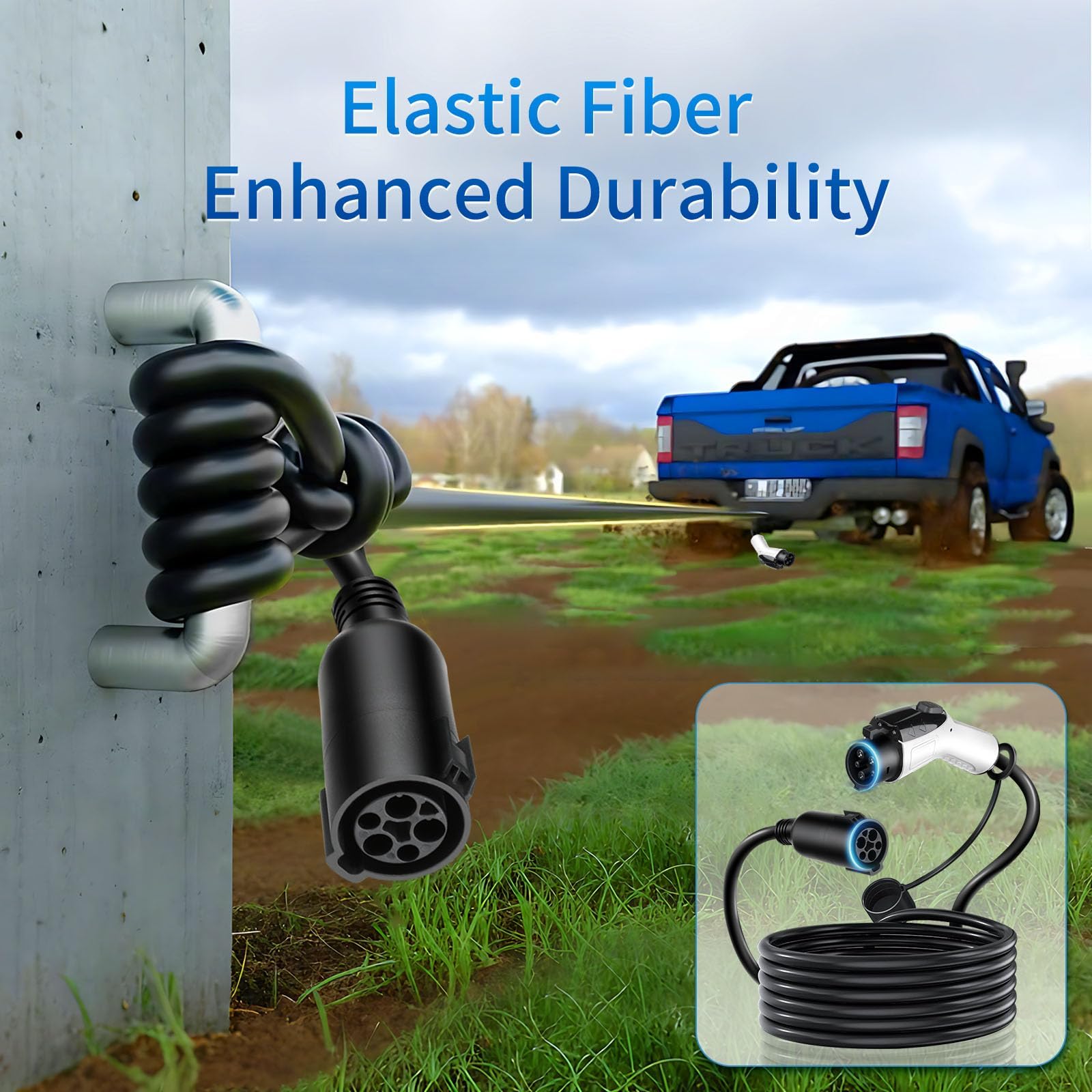 Heavy-duty WenStorm J1772 EV extension cable with flexible durable cable construction for outdoor charging use