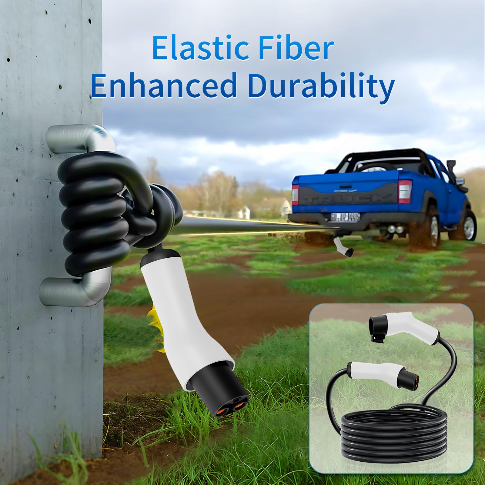 Heavy-duty WenStorm Tesla NACS extension cord with flexible cable construction for outdoor home, driveway, and travel charging