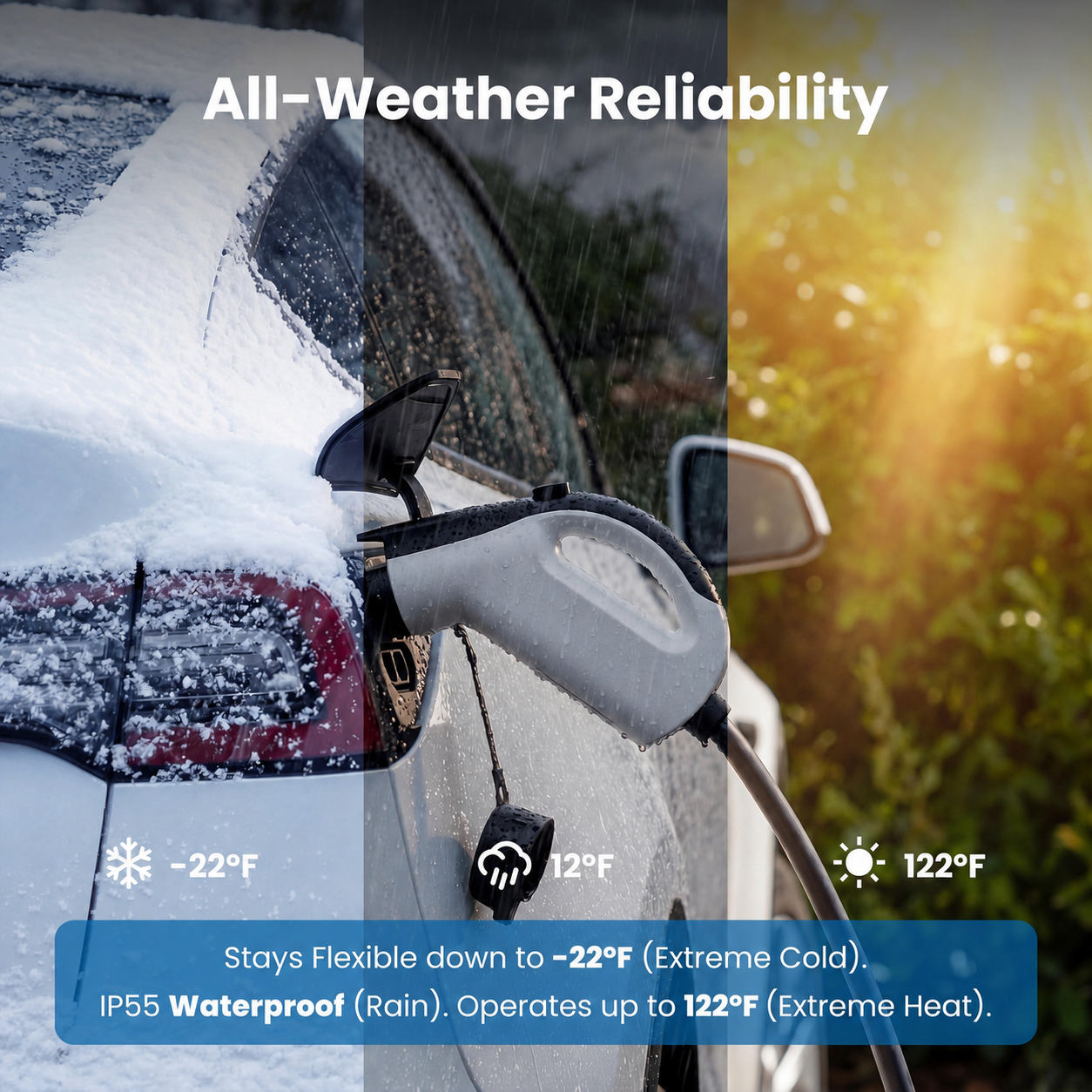 WenStorm IP55 waterproof 32A portable EV charger built for snow, rain, and heat from -22°F to 122°F