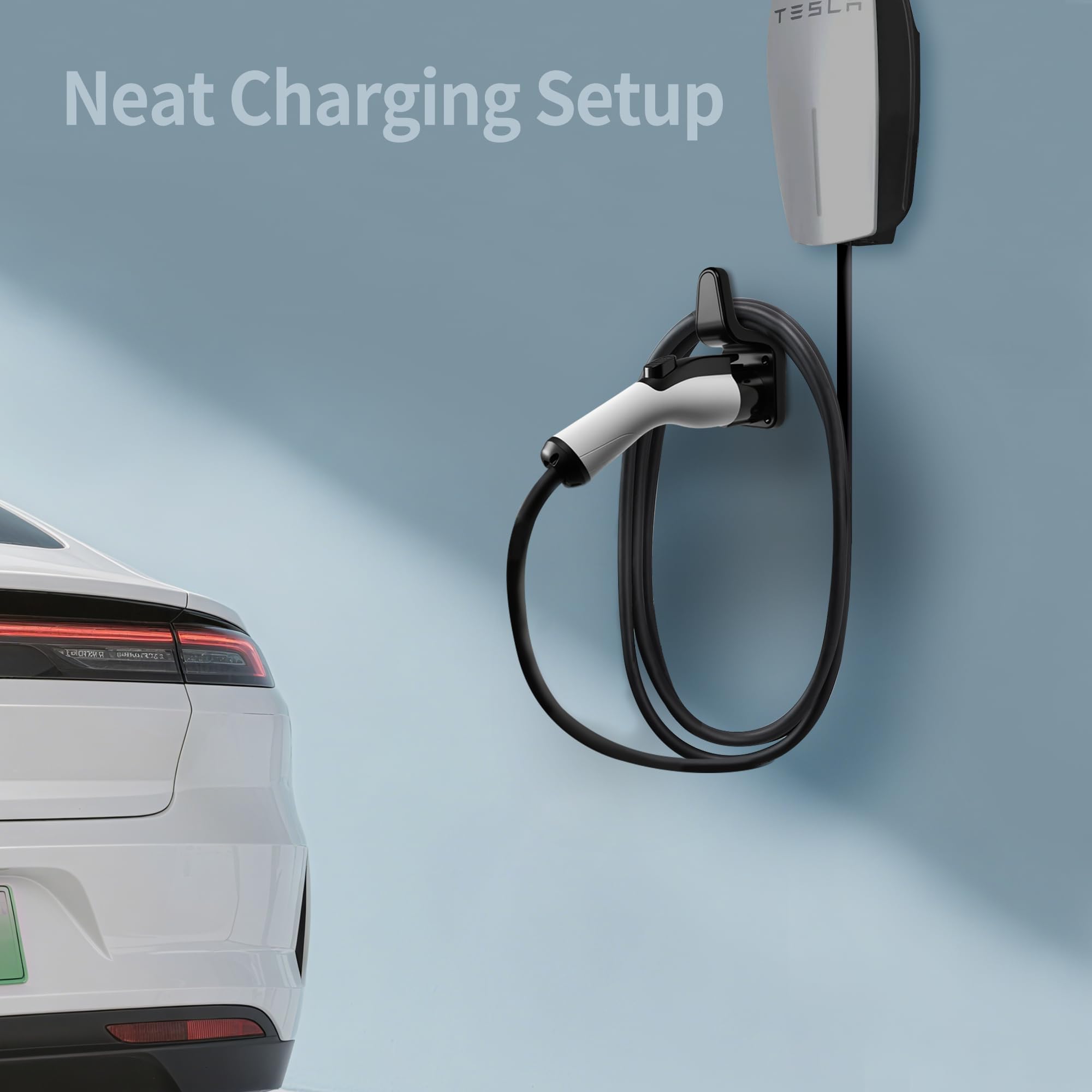 WenStorm J1772 EV charger holder wall mount organizing charging cable and connector beside an electric vehicle