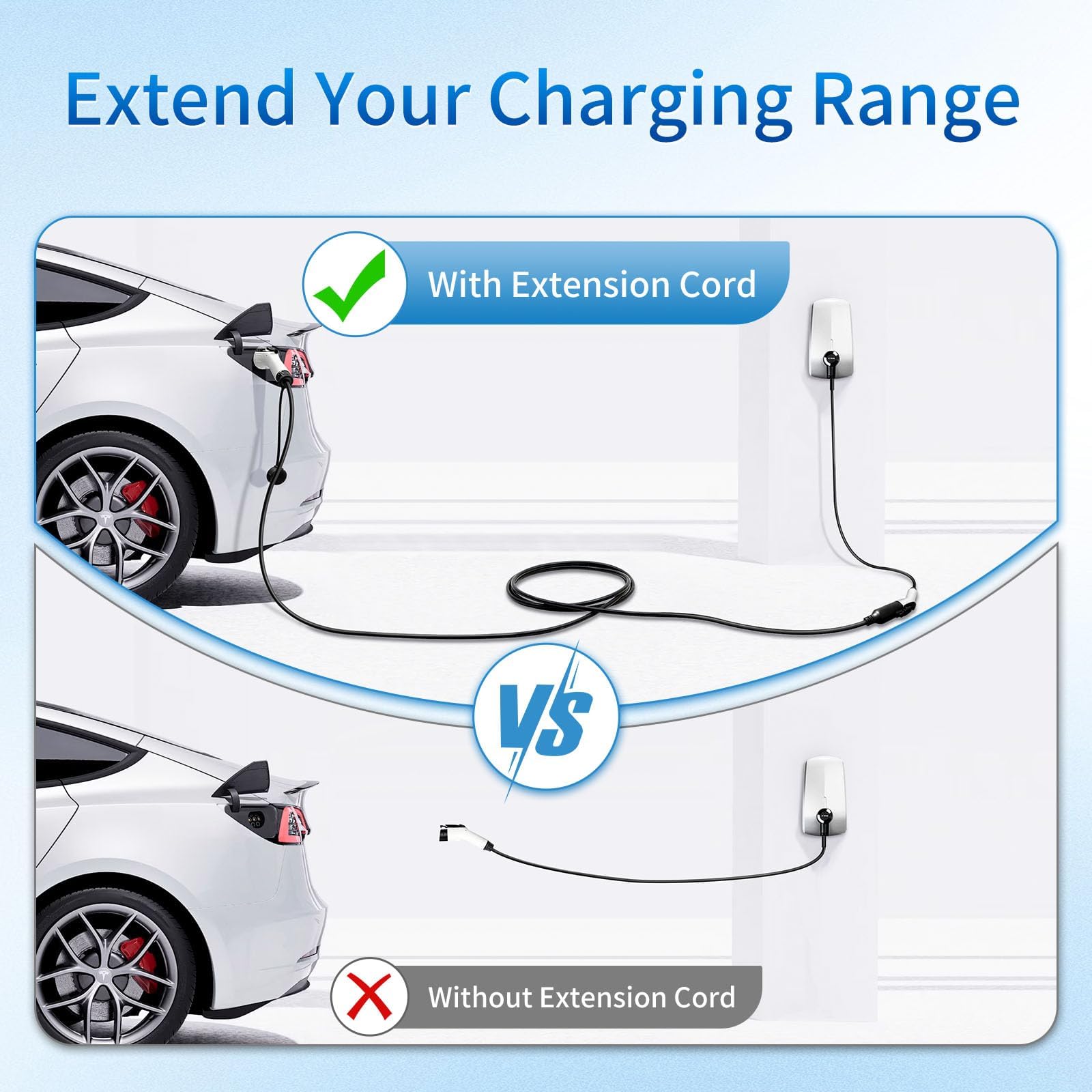 WenStorm J1772 EV extension cable extending charging range between wall charger and electric vehicle