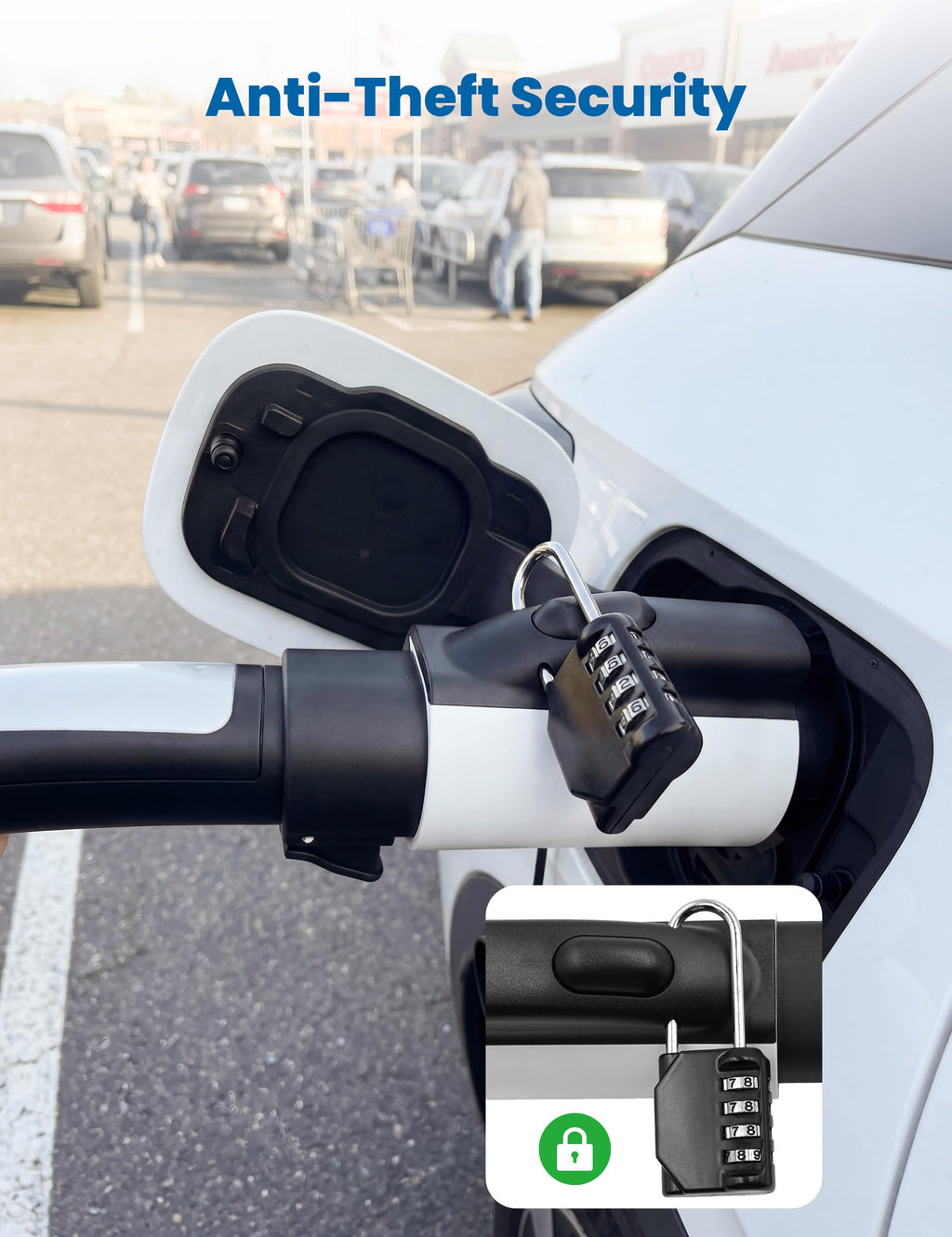 WenStorm NACS to J1772 adapter with anti-theft lock for secure overnight EV charging at public or travel locations