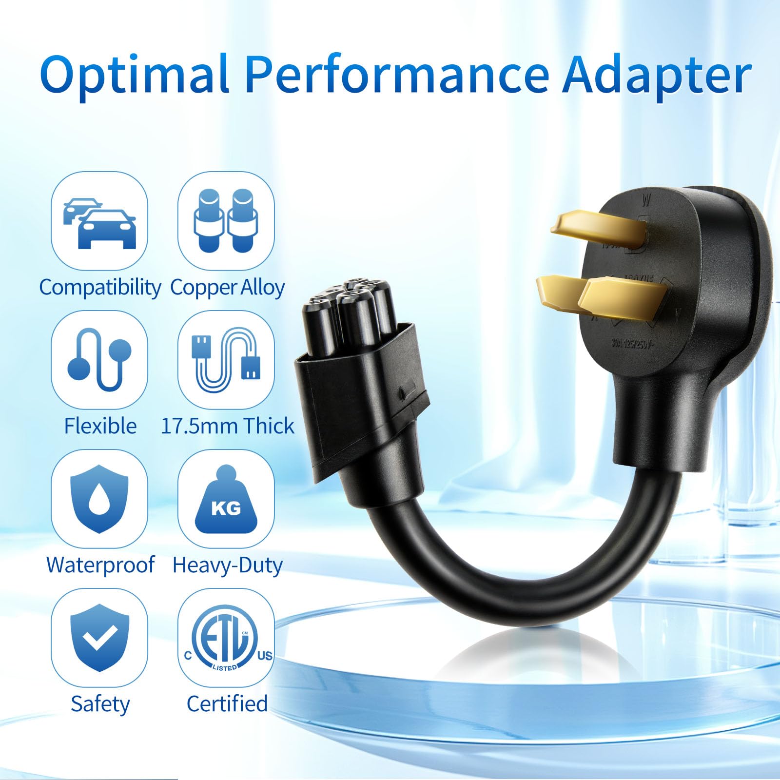 WenStorm NEMA 10-30P adapter for Tesla Gen 2 Mobile Connector with copper alloy pins, flexible cable, durable build, and ETL certification